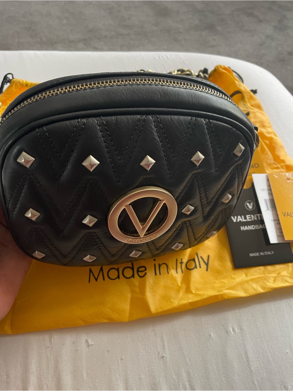 Valentino Black Quilted Studded Crossbody with Gold V Plaque - Picture 3 of 6